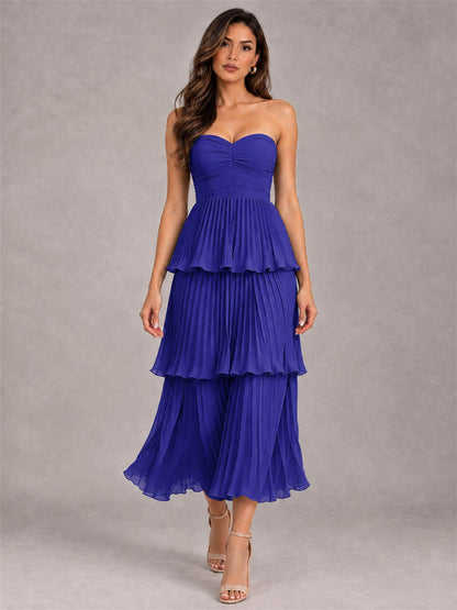 Elegant Strapless A-Line Pleated Tiered Midi-Length Wedding Guest Dress