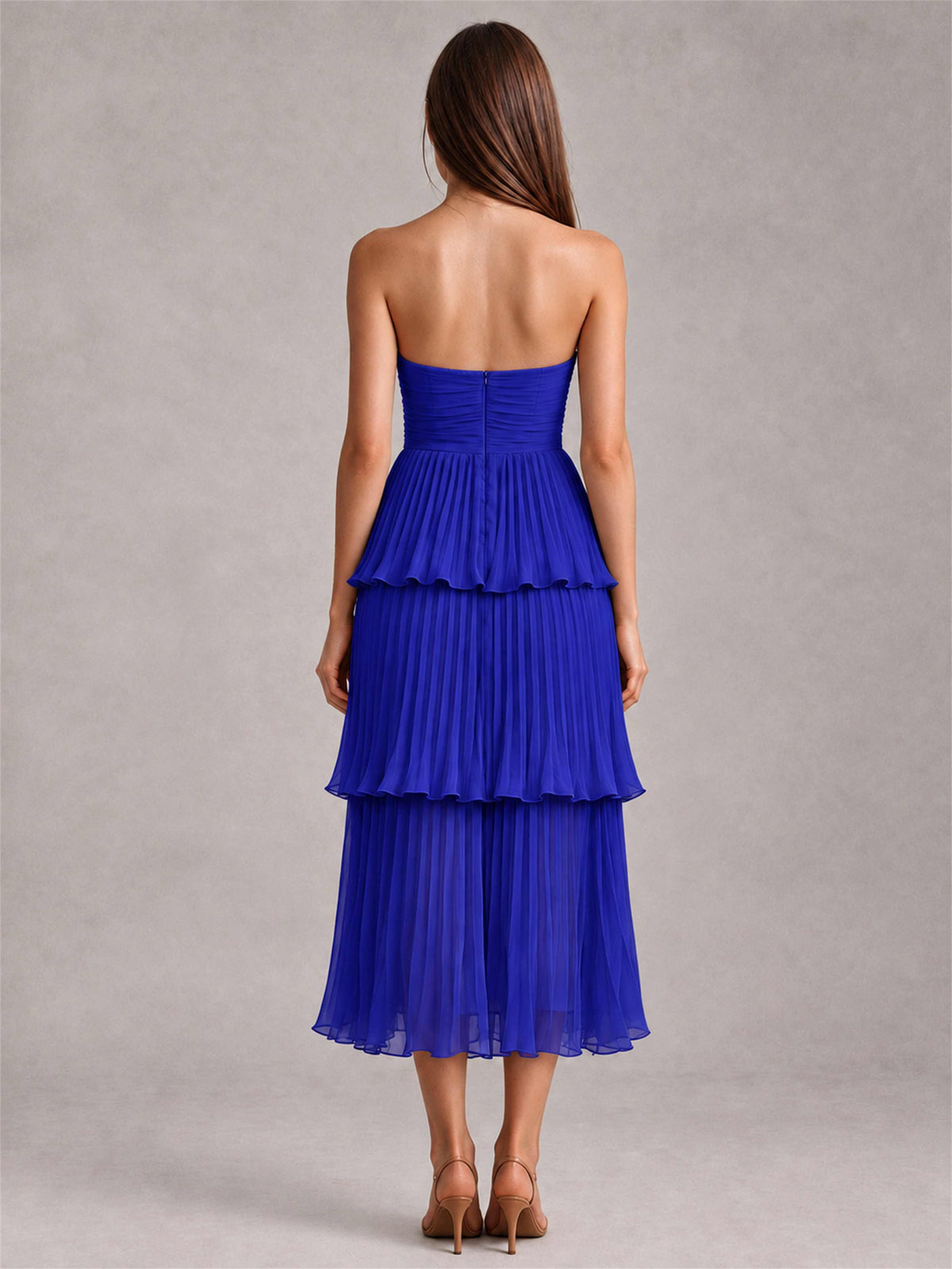 Elegant Strapless A-Line Pleated Tiered Midi-Length Wedding Guest Dress