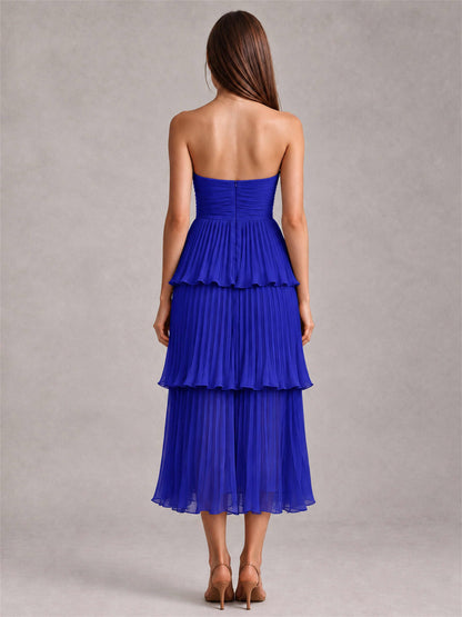 Elegant Strapless A-Line Pleated Tiered Midi-Length Wedding Guest Dress