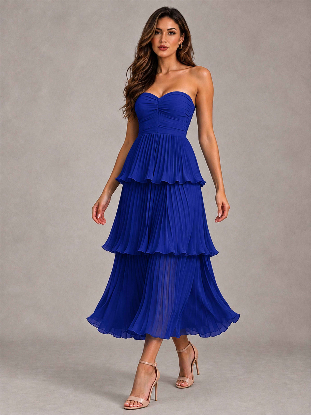 Elegant Strapless A-Line Pleated Tiered Midi-Length Wedding Guest Dress