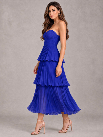 Elegant Strapless A-Line Pleated Tiered Midi-Length Wedding Guest Dress