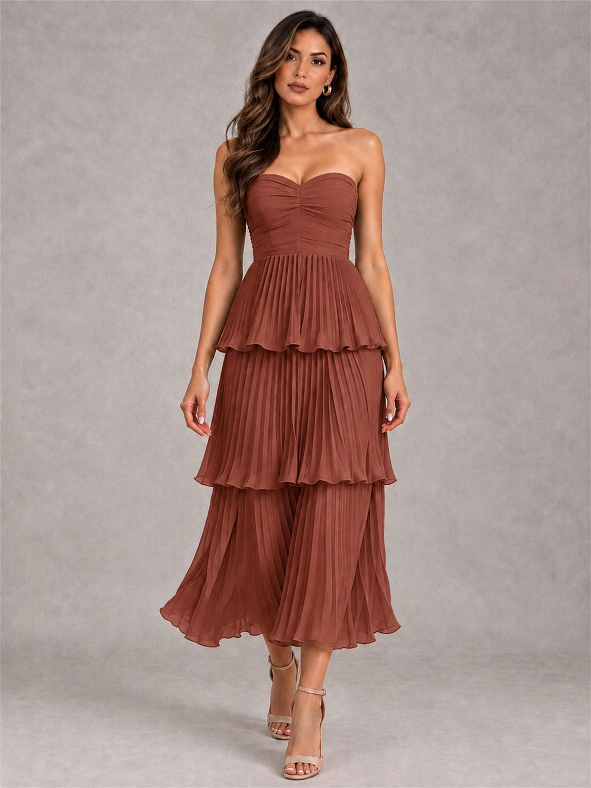 Elegant Strapless A-Line Pleated Tiered Midi-Length Wedding Guest Dress