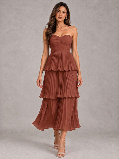 Elegant Strapless A-Line Pleated Tiered Midi-Length Wedding Guest Dress