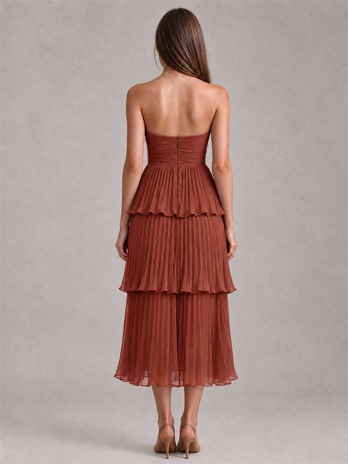 Elegant Strapless A-Line Pleated Tiered Midi-Length Wedding Guest Dress
