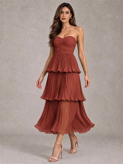 Elegant Strapless A-Line Pleated Tiered Midi-Length Wedding Guest Dress