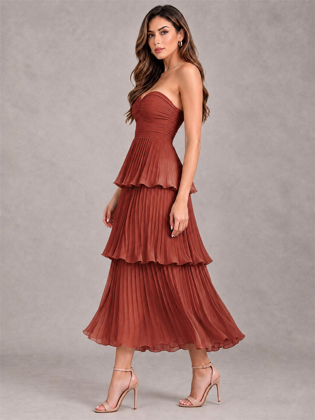 Elegant Strapless A-Line Pleated Tiered Midi-Length Wedding Guest Dress