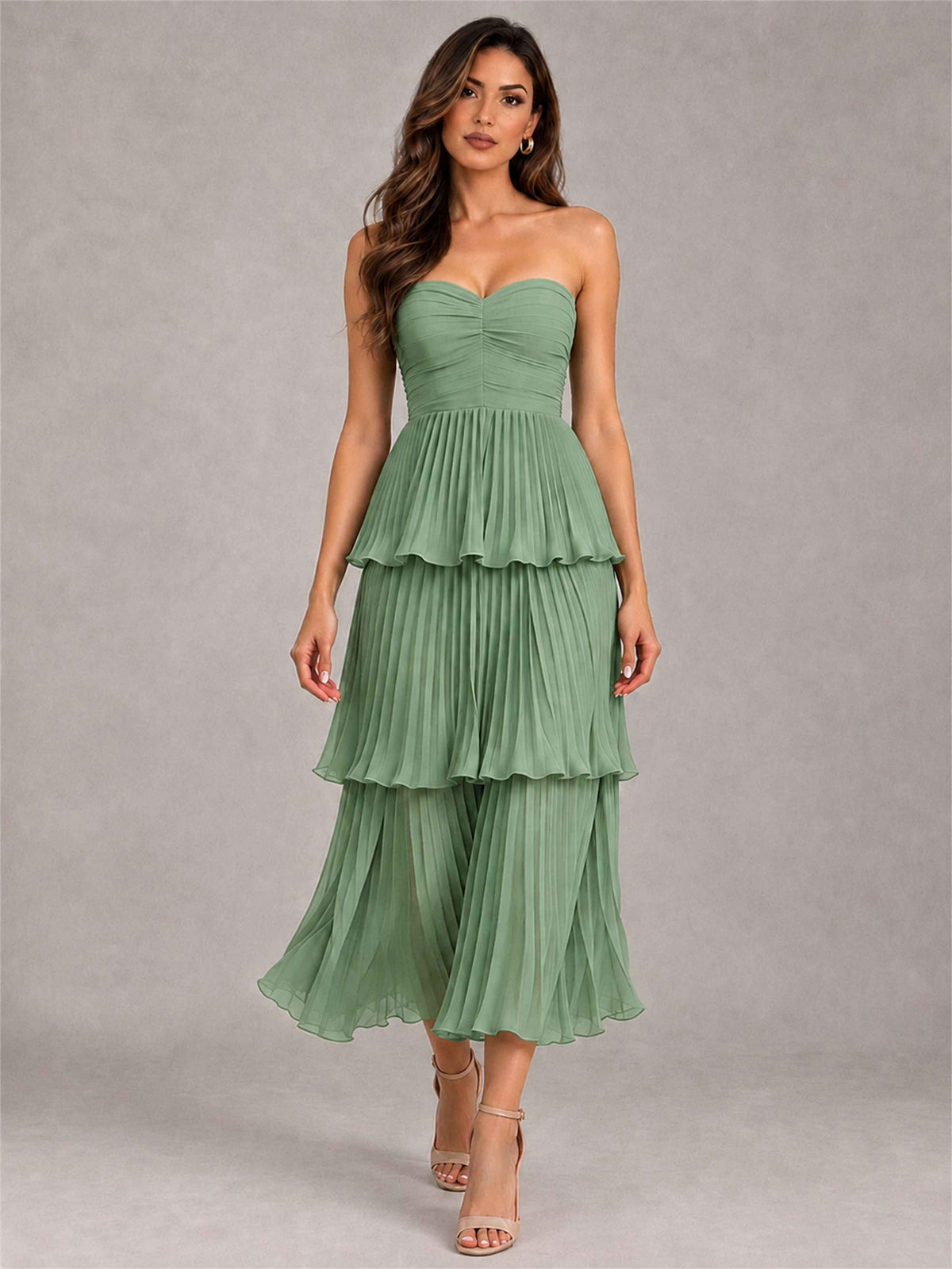 Elegant Strapless A-Line Pleated Tiered Midi-Length Wedding Guest Dress