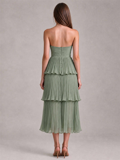 Elegant Strapless A-Line Pleated Tiered Midi-Length Wedding Guest Dress
