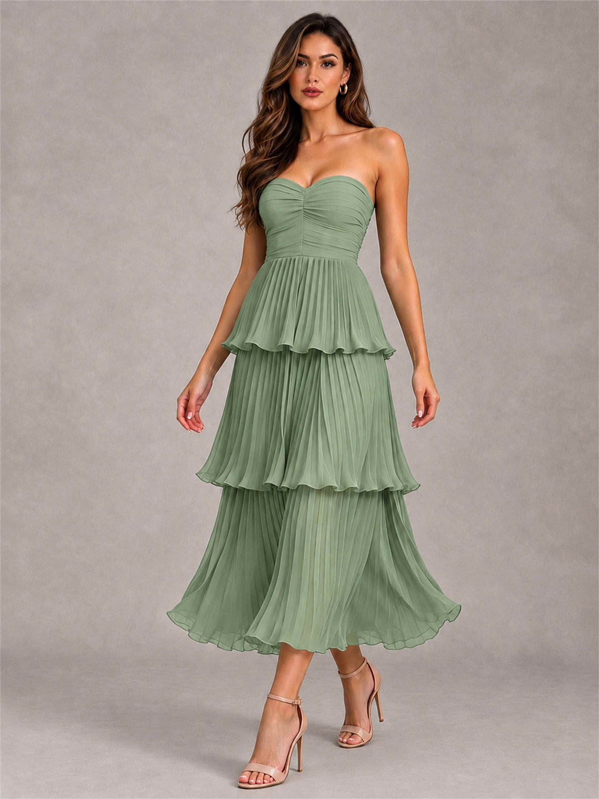 Elegant Strapless A-Line Pleated Tiered Midi-Length Wedding Guest Dress