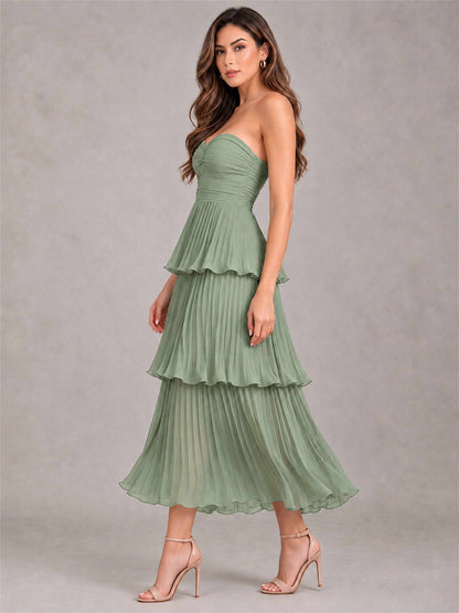 Elegant Strapless A-Line Pleated Tiered Midi-Length Wedding Guest Dress
