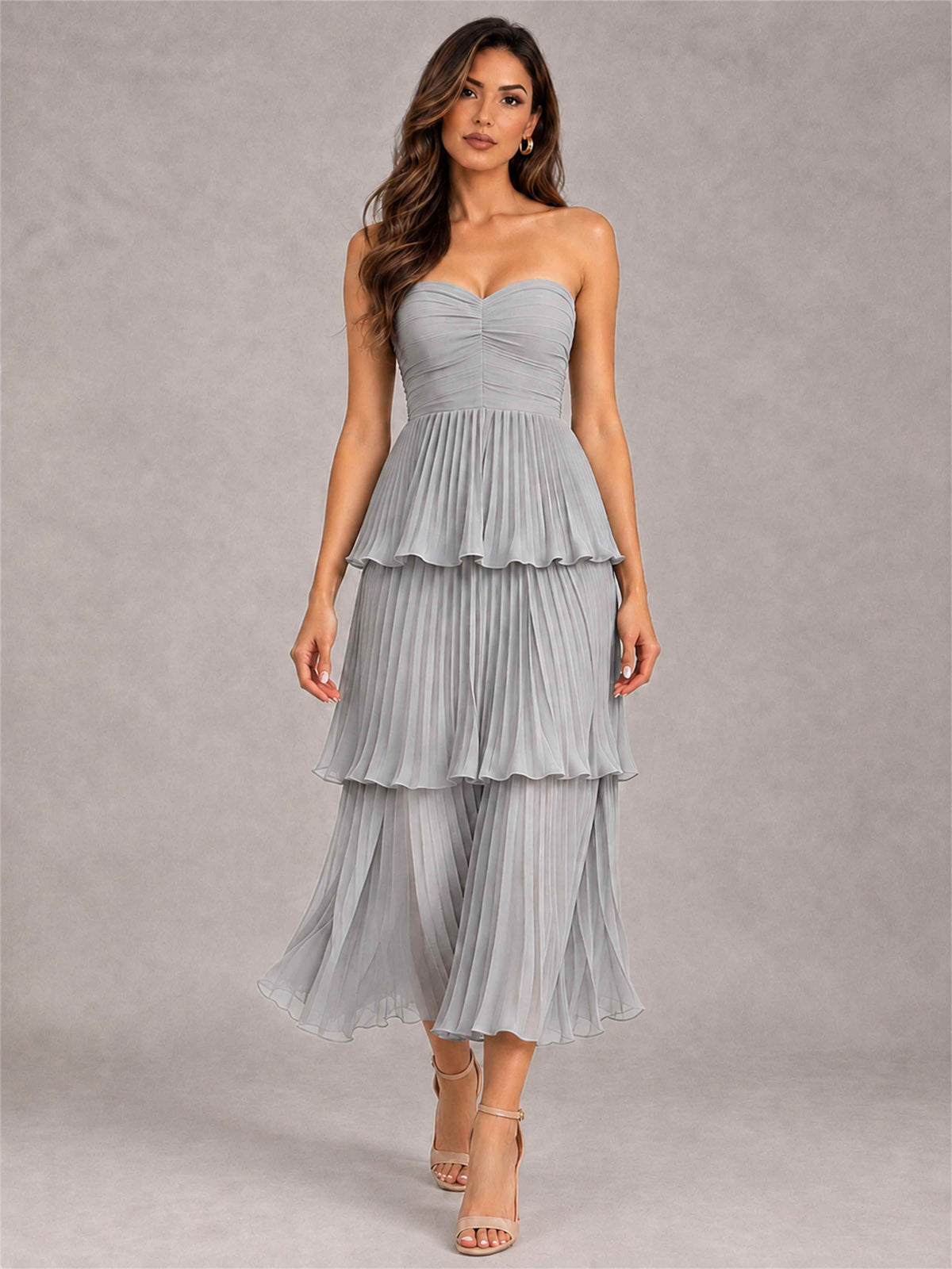 Elegant Strapless A-Line Pleated Tiered Midi-Length Wedding Guest Dress
