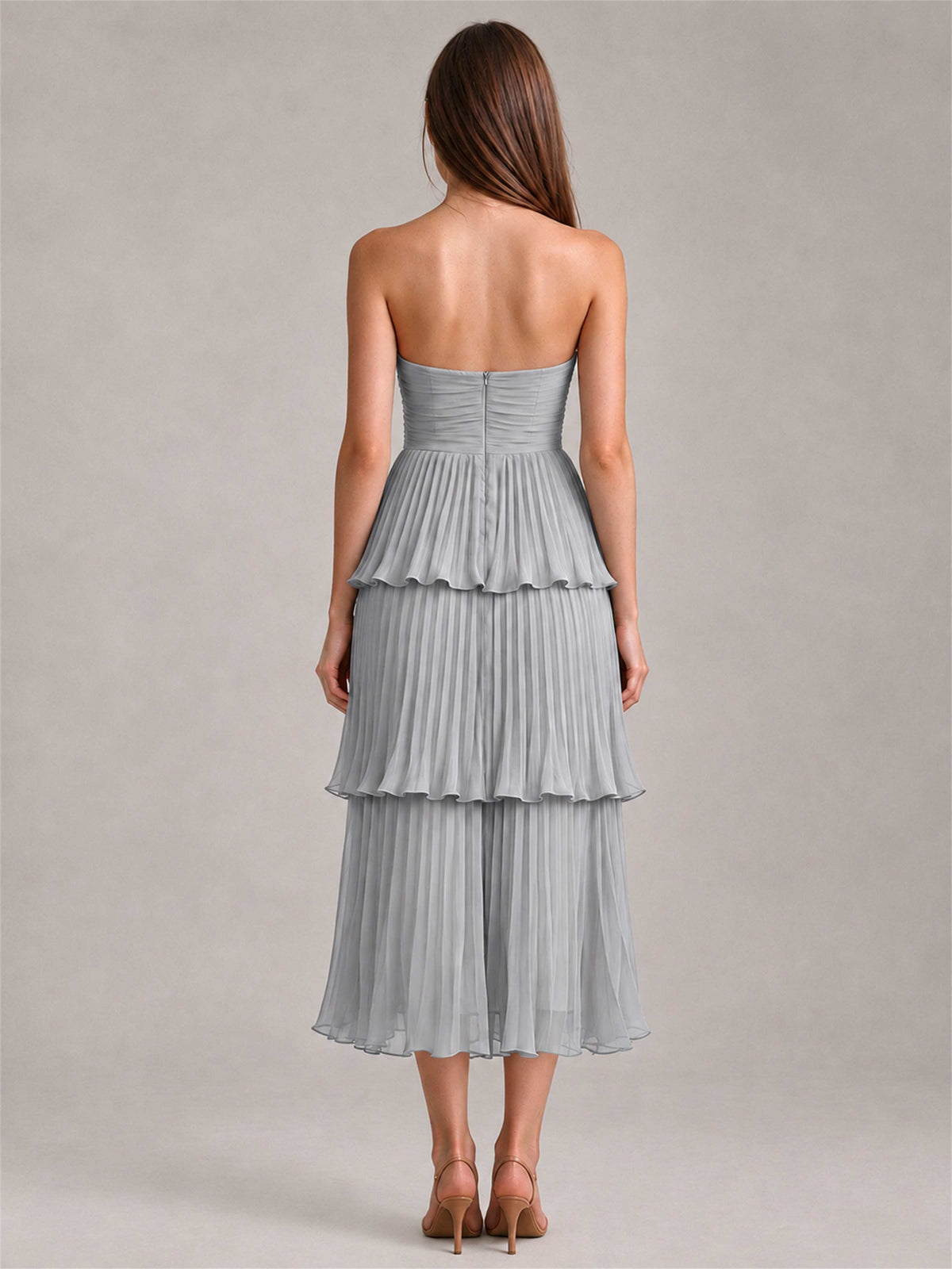 Elegant Strapless A-Line Pleated Tiered Midi-Length Wedding Guest Dress