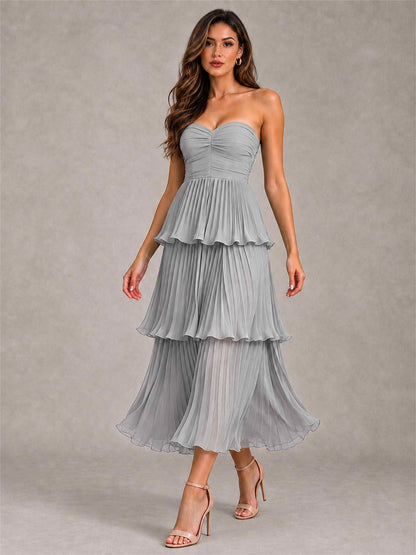 Elegant Strapless A-Line Pleated Tiered Midi-Length Wedding Guest Dress