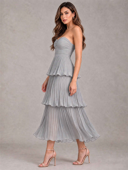 Elegant Strapless A-Line Pleated Tiered Midi-Length Wedding Guest Dress