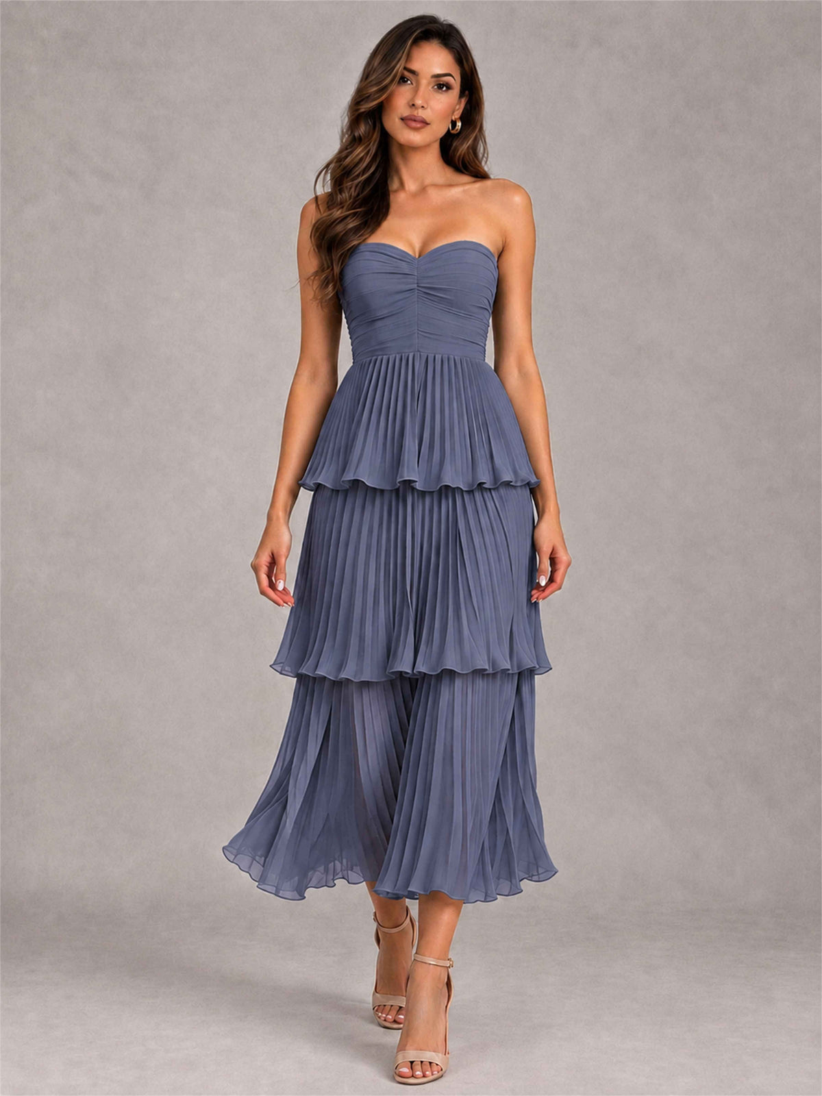 Elegant Strapless A-Line Pleated Tiered Midi-Length Wedding Guest Dress