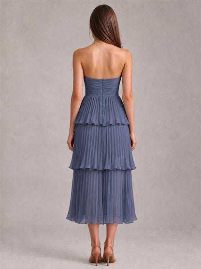 Elegant Strapless A-Line Pleated Tiered Midi-Length Wedding Guest Dress
