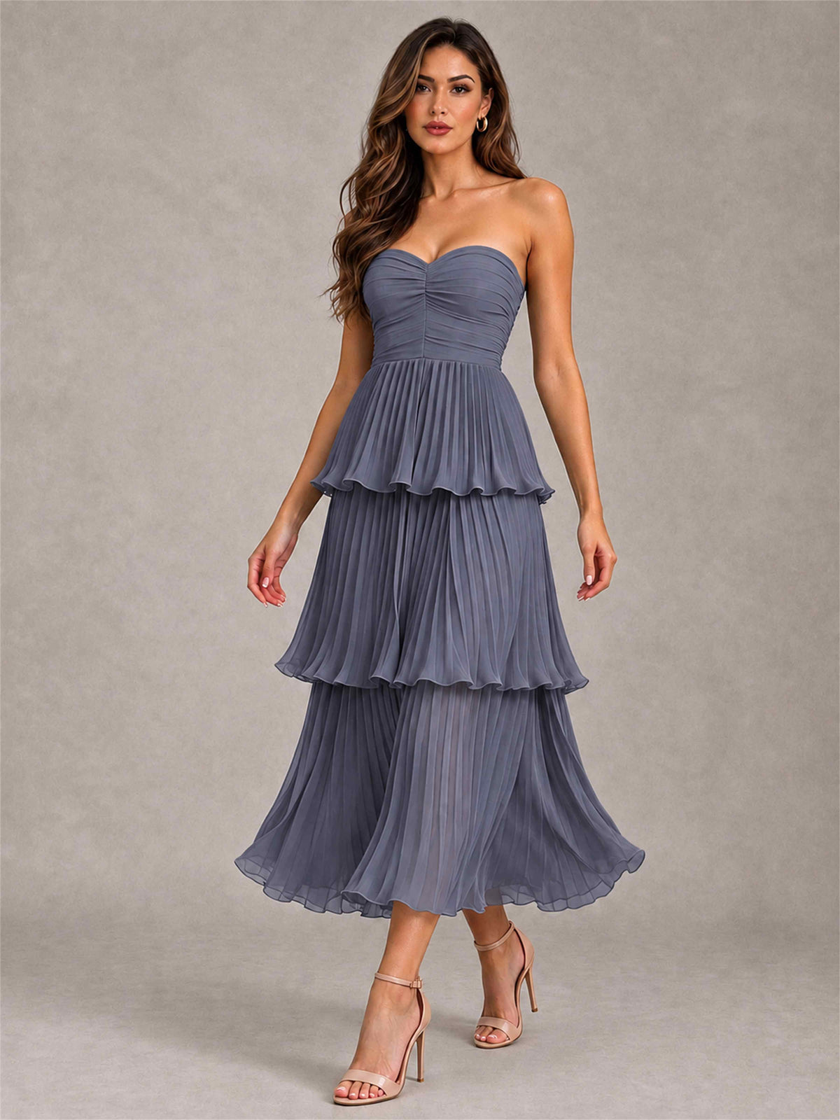 Elegant Strapless A-Line Pleated Tiered Midi-Length Wedding Guest Dress