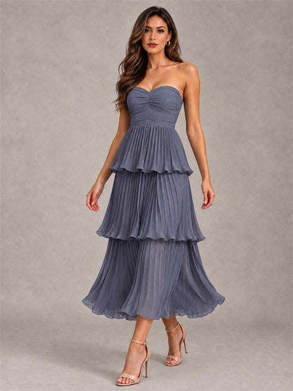Elegant Strapless A-Line Pleated Tiered Midi-Length Wedding Guest Dress
