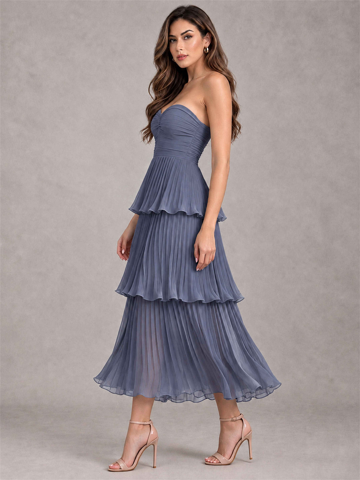 Elegant Strapless A-Line Pleated Tiered Midi-Length Wedding Guest Dress