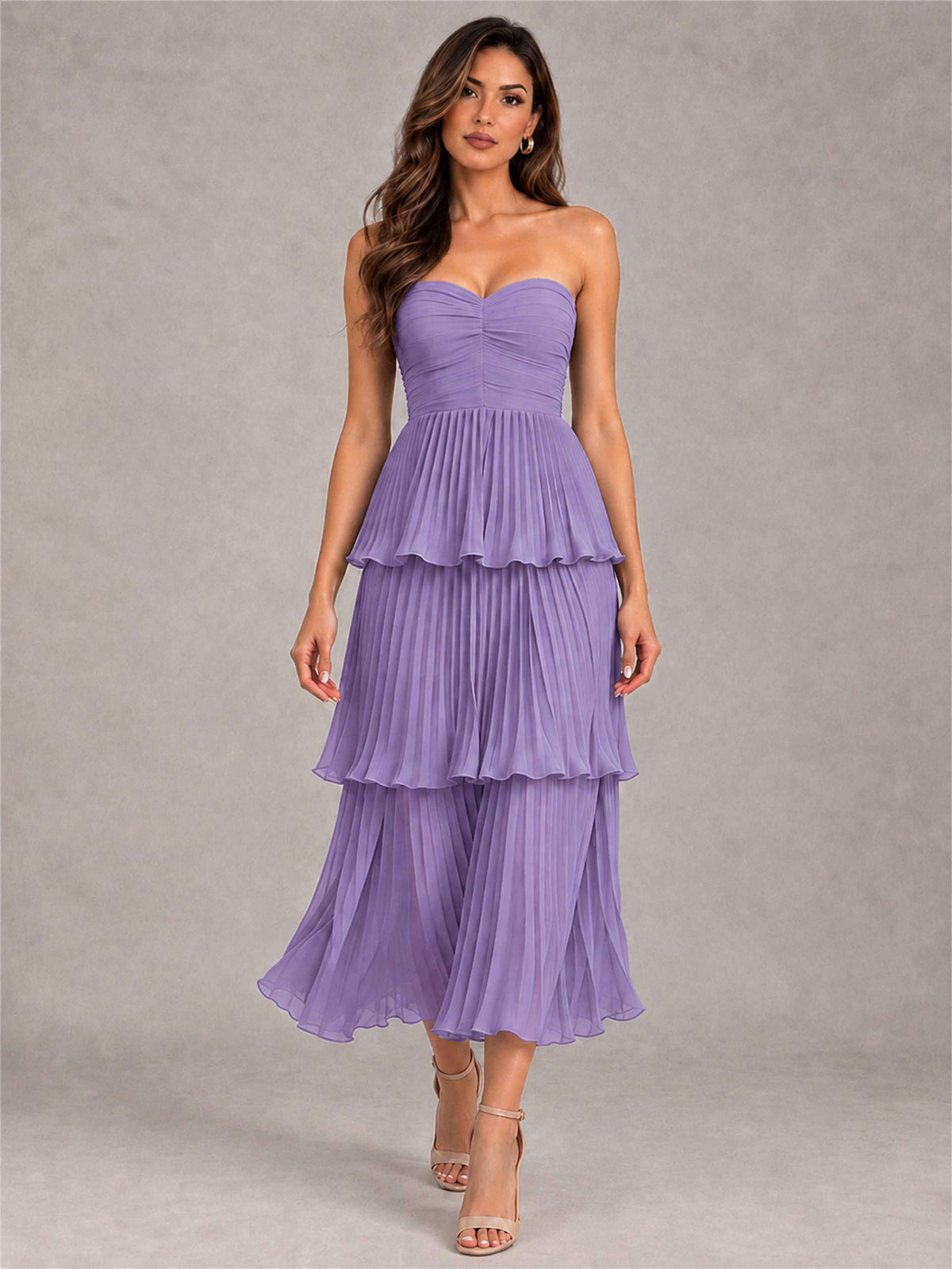 Elegant Strapless A-Line Pleated Tiered Midi-Length Wedding Guest Dress