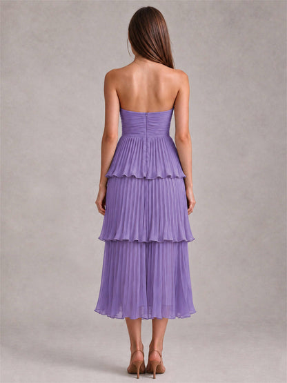 Elegant Strapless A-Line Pleated Tiered Midi-Length Wedding Guest Dress