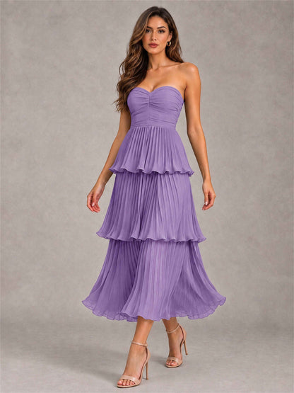 Elegant Strapless A-Line Pleated Tiered Midi-Length Wedding Guest Dress