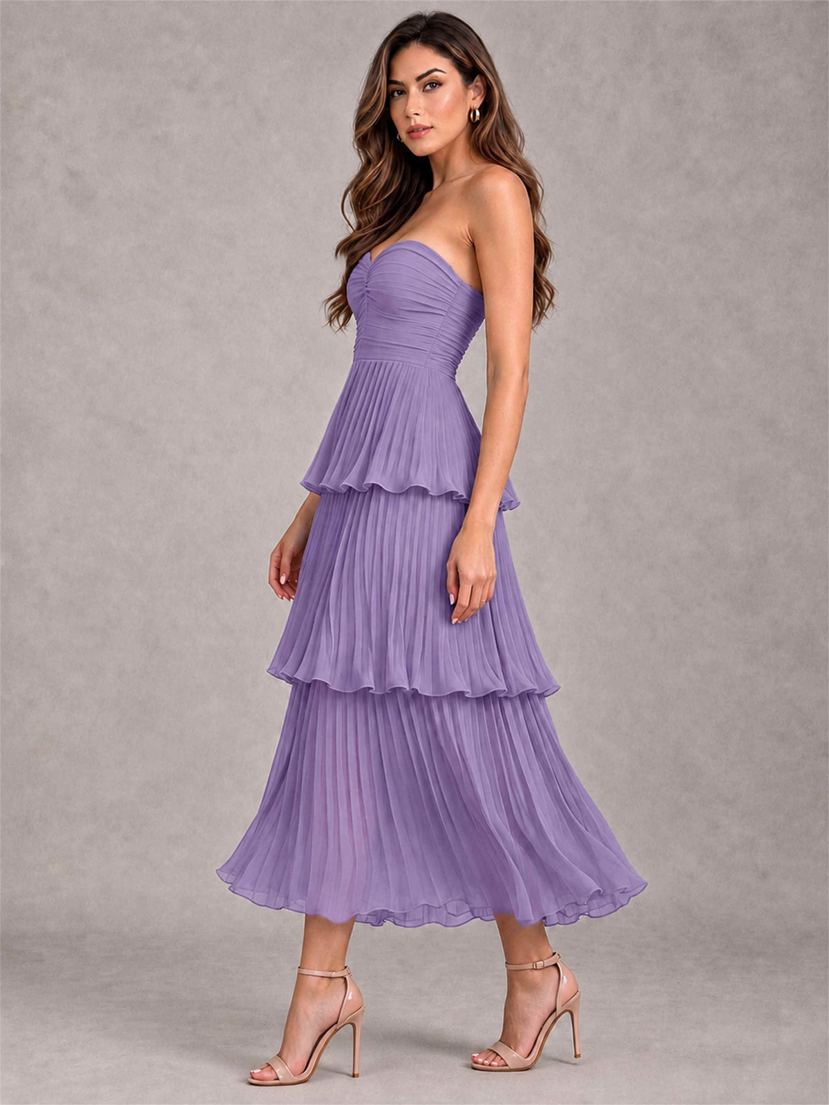 Elegant Strapless A-Line Pleated Tiered Midi-Length Wedding Guest Dress