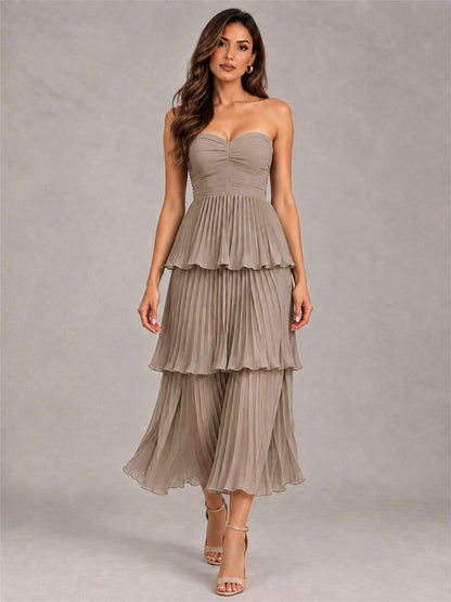 Elegant Strapless A-Line Pleated Tiered Midi-Length Wedding Guest Dress