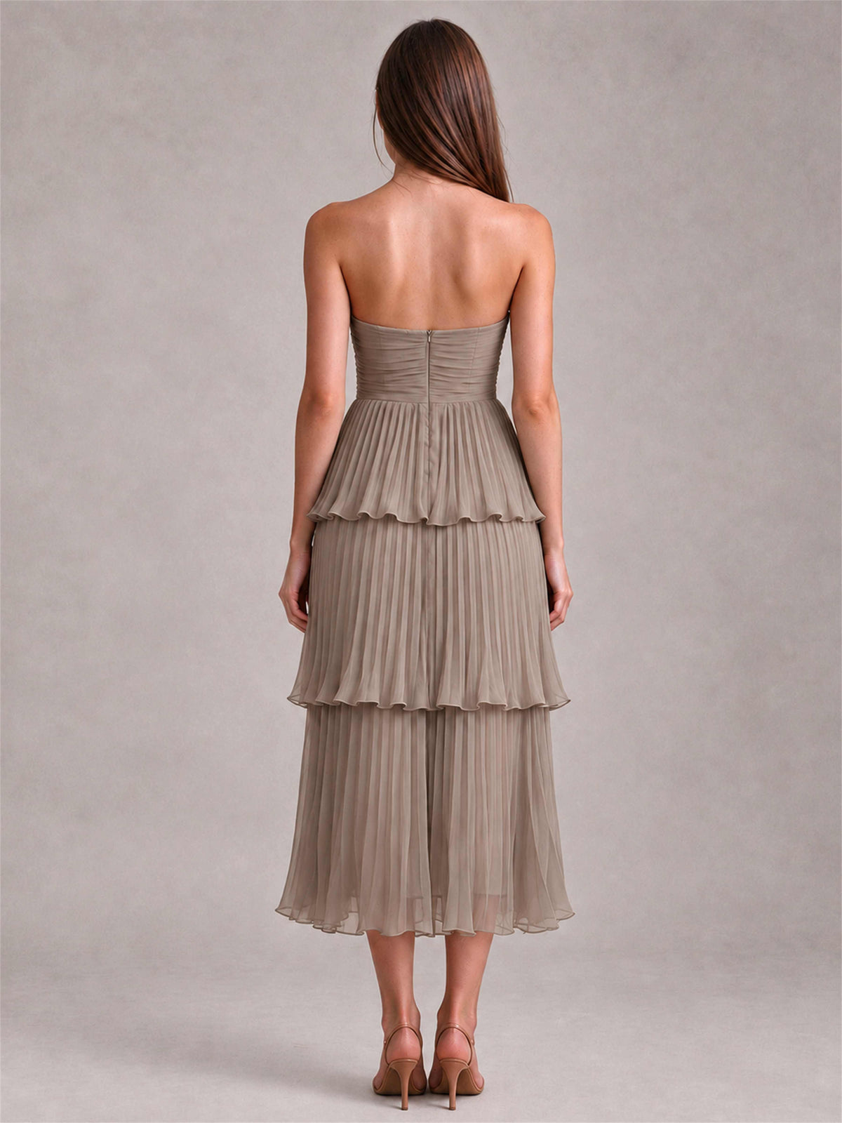 Elegant Strapless A-Line Pleated Tiered Midi-Length Wedding Guest Dress