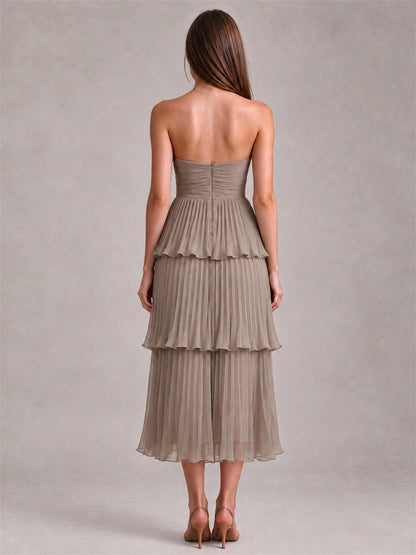 Elegant Strapless A-Line Pleated Tiered Midi-Length Wedding Guest Dress