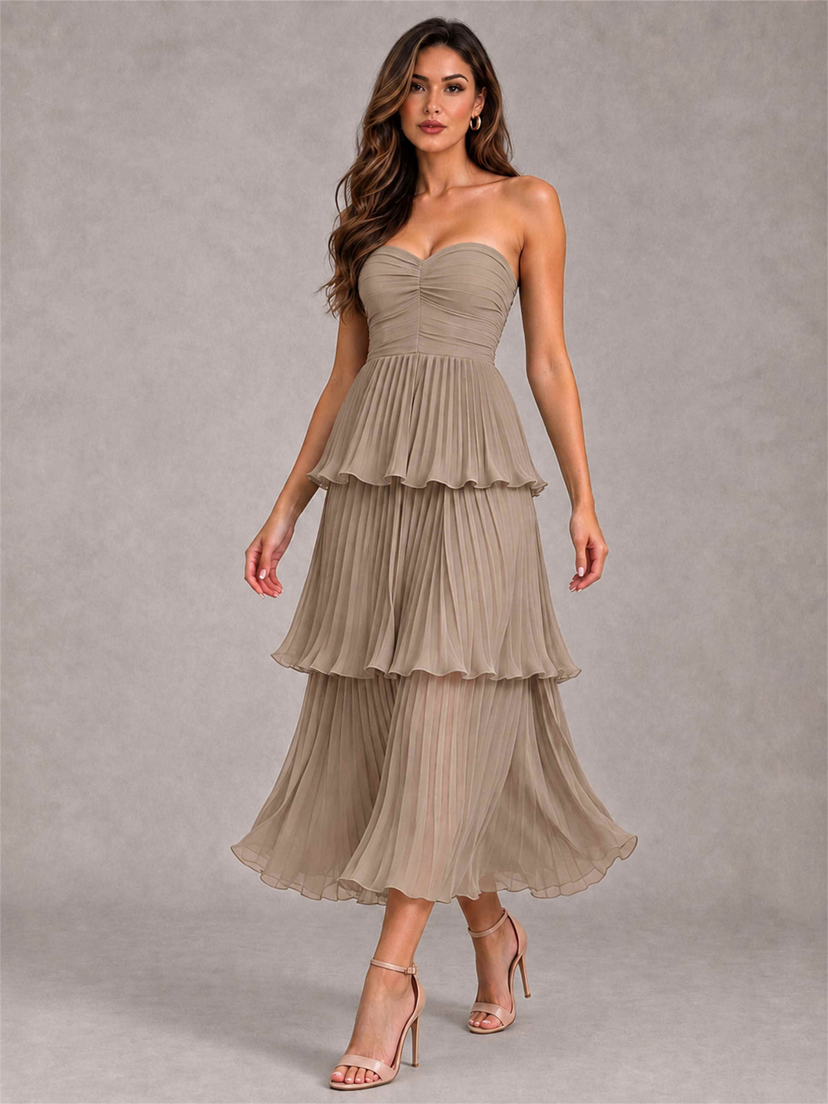 Elegant Strapless A-Line Pleated Tiered Midi-Length Wedding Guest Dress