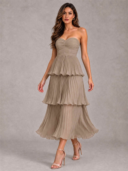 Elegant Strapless A-Line Pleated Tiered Midi-Length Wedding Guest Dress