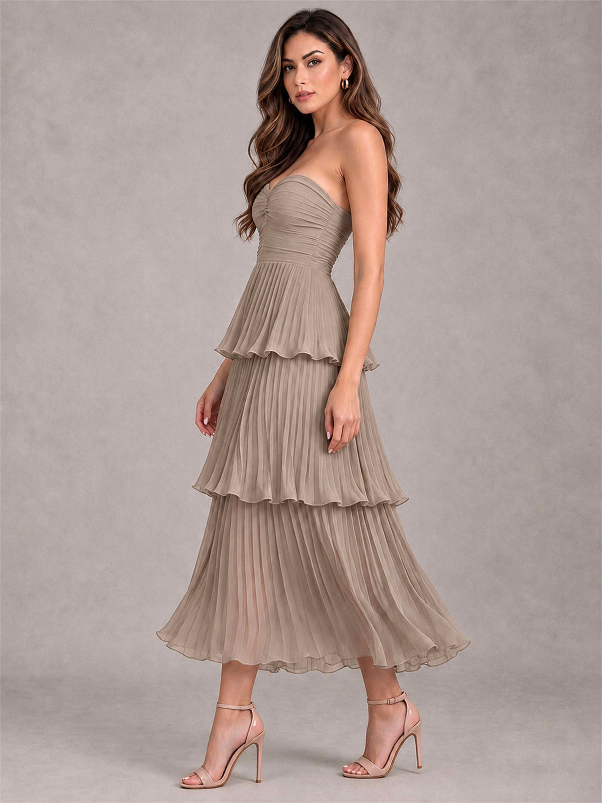 Elegant Strapless A-Line Pleated Tiered Midi-Length Wedding Guest Dress