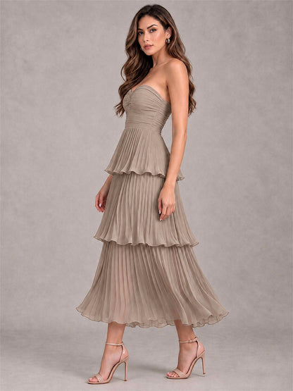 Elegant Strapless A-Line Pleated Tiered Midi-Length Wedding Guest Dress