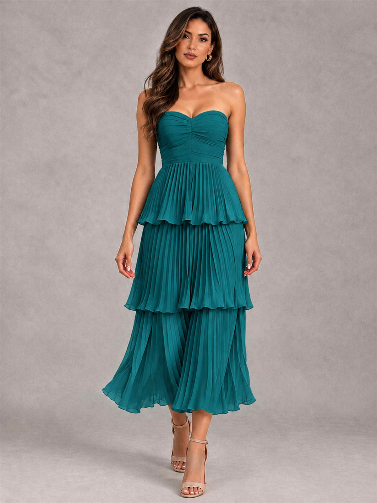 Elegant Strapless A-Line Pleated Tiered Midi-Length Wedding Guest Dress