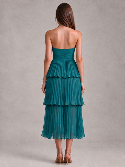 Elegant Strapless A-Line Pleated Tiered Midi-Length Wedding Guest Dress