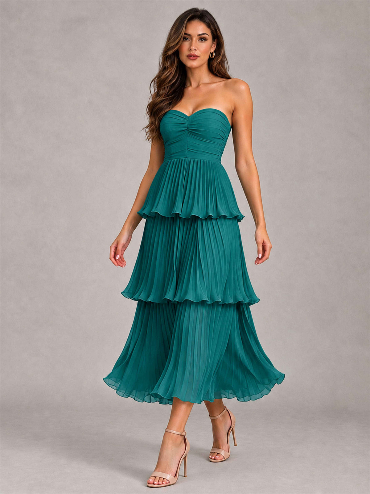 Elegant Strapless A-Line Pleated Tiered Midi-Length Wedding Guest Dress