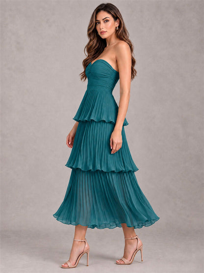 Elegant Strapless A-Line Pleated Tiered Midi-Length Wedding Guest Dress