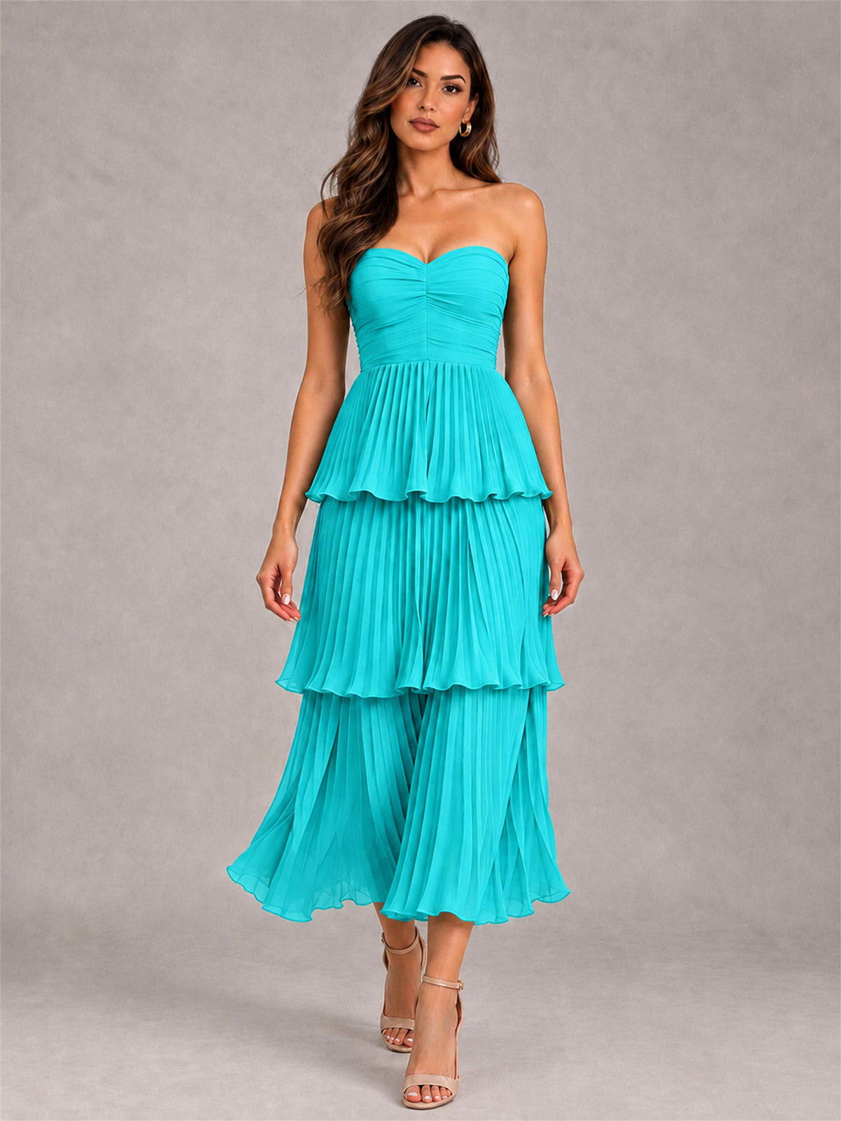 Elegant Strapless A-Line Pleated Tiered Midi-Length Wedding Guest Dress