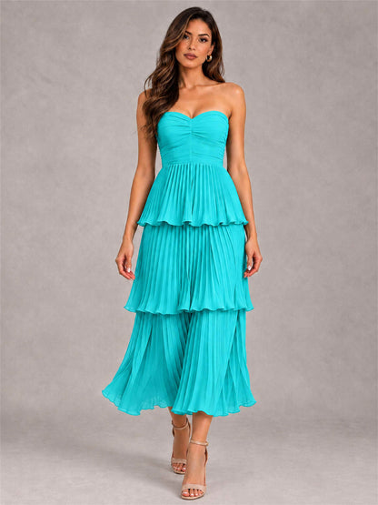Elegant Strapless A-Line Pleated Tiered Midi-Length Wedding Guest Dress