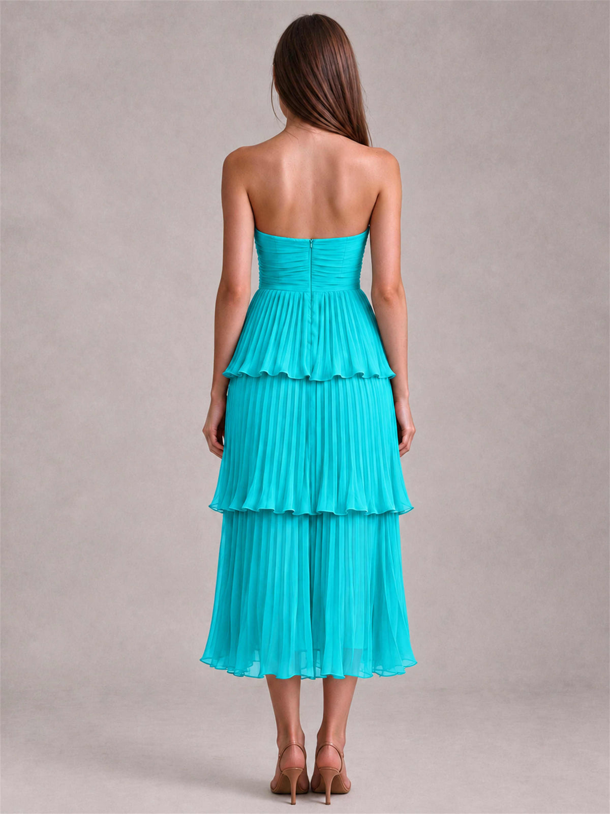 Elegant Strapless A-Line Pleated Tiered Midi-Length Wedding Guest Dress