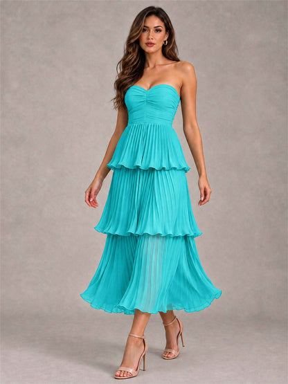Elegant Strapless A-Line Pleated Tiered Midi-Length Wedding Guest Dress