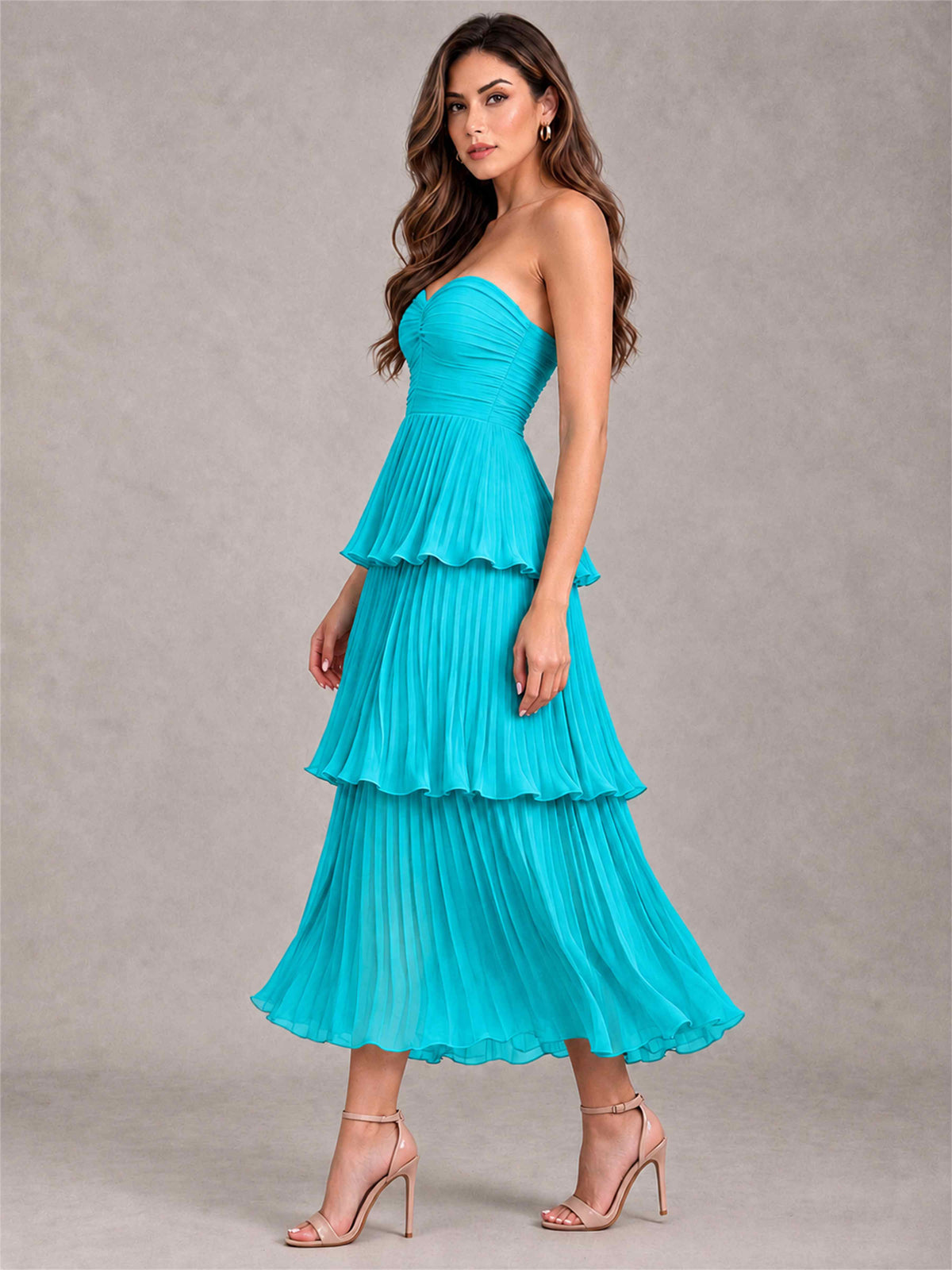Elegant Strapless A-Line Pleated Tiered Midi-Length Wedding Guest Dress