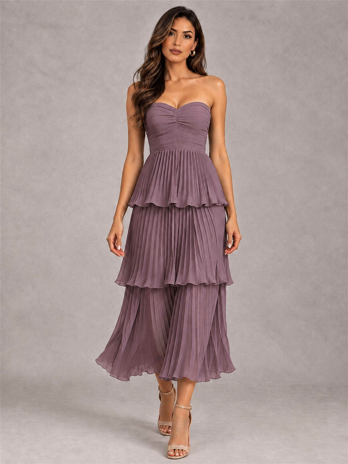 Elegant Strapless A-Line Pleated Tiered Midi-Length Wedding Guest Dress