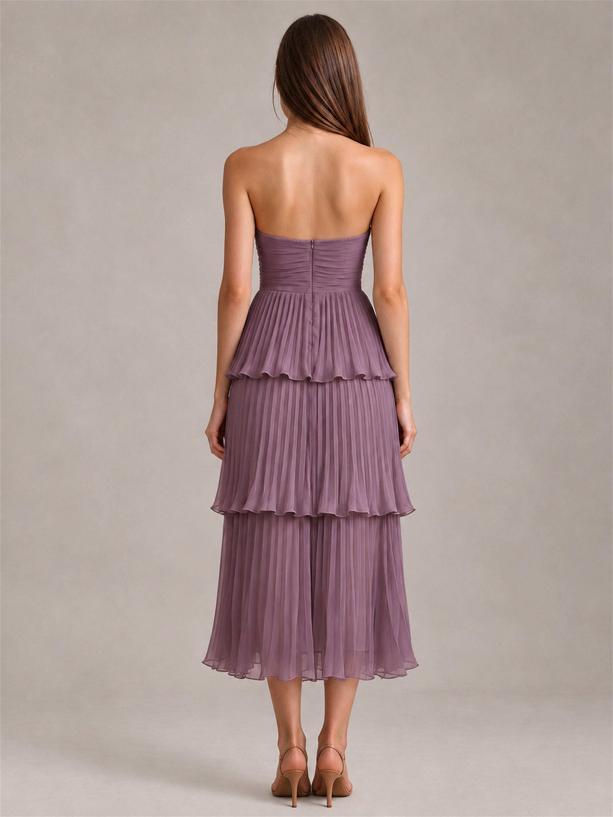 Elegant Strapless A-Line Pleated Tiered Midi-Length Wedding Guest Dress