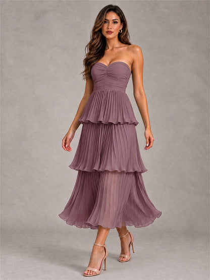 Elegant Strapless A-Line Pleated Tiered Midi-Length Wedding Guest Dress