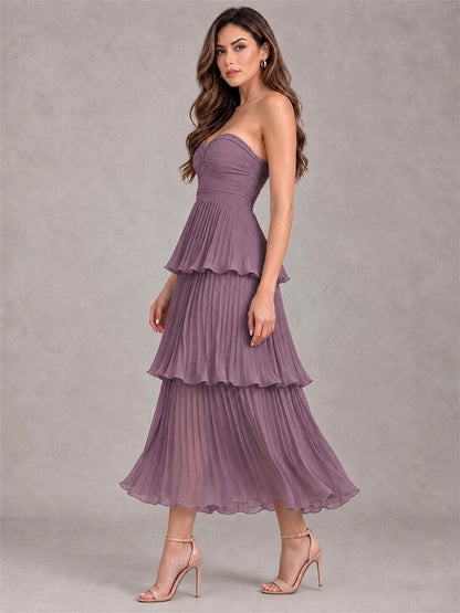 Elegant Strapless A-Line Pleated Tiered Midi-Length Wedding Guest Dress