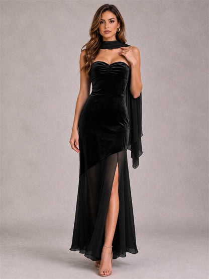 Elegant Strapless Mermaid Velvet Floor-Length Wedding Guest Dress with Scarf and Split Side