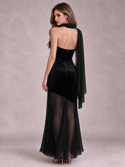 Elegant Strapless Mermaid Velvet Floor-Length Wedding Guest Dress with Scarf and Split Side