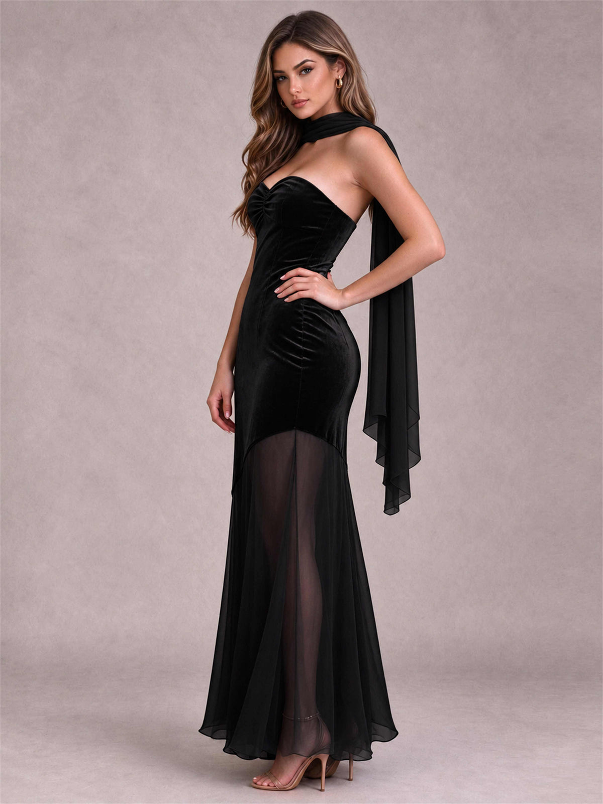 Elegant Strapless Mermaid Velvet Floor-Length Wedding Guest Dress with Scarf and Split Side